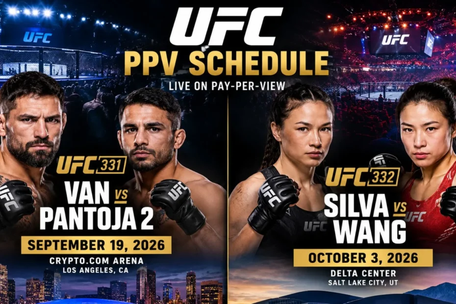UFC PPV schedule 2026 graphic showing UFC 331 Van vs Pantoja 2 on Sept 19 and UFC 332 Silva vs Wang on Oct 3