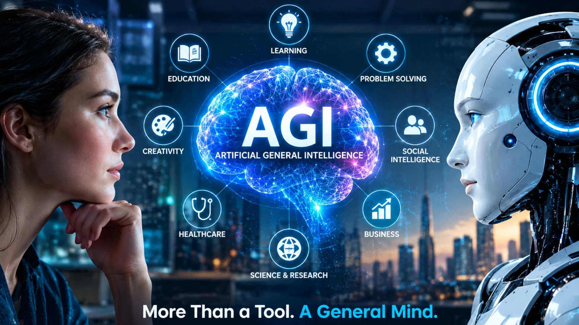 Human hand and robotic hand reaching for each other symbolizing the future of Artificial General Intelligence